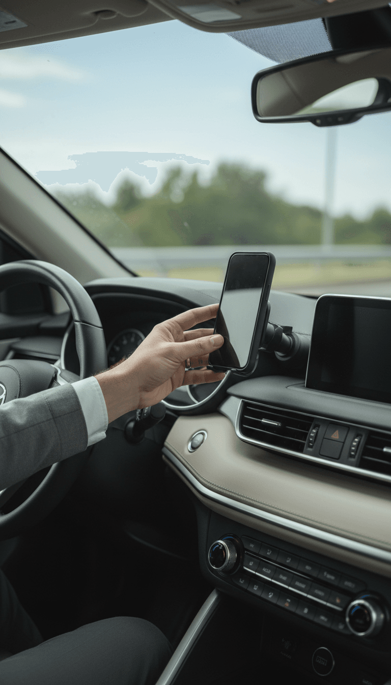 Phone mounted on dashboard for navigation