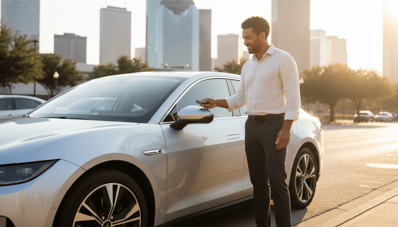 Driver holding key fob beside a clean rental sedan ready for gig work