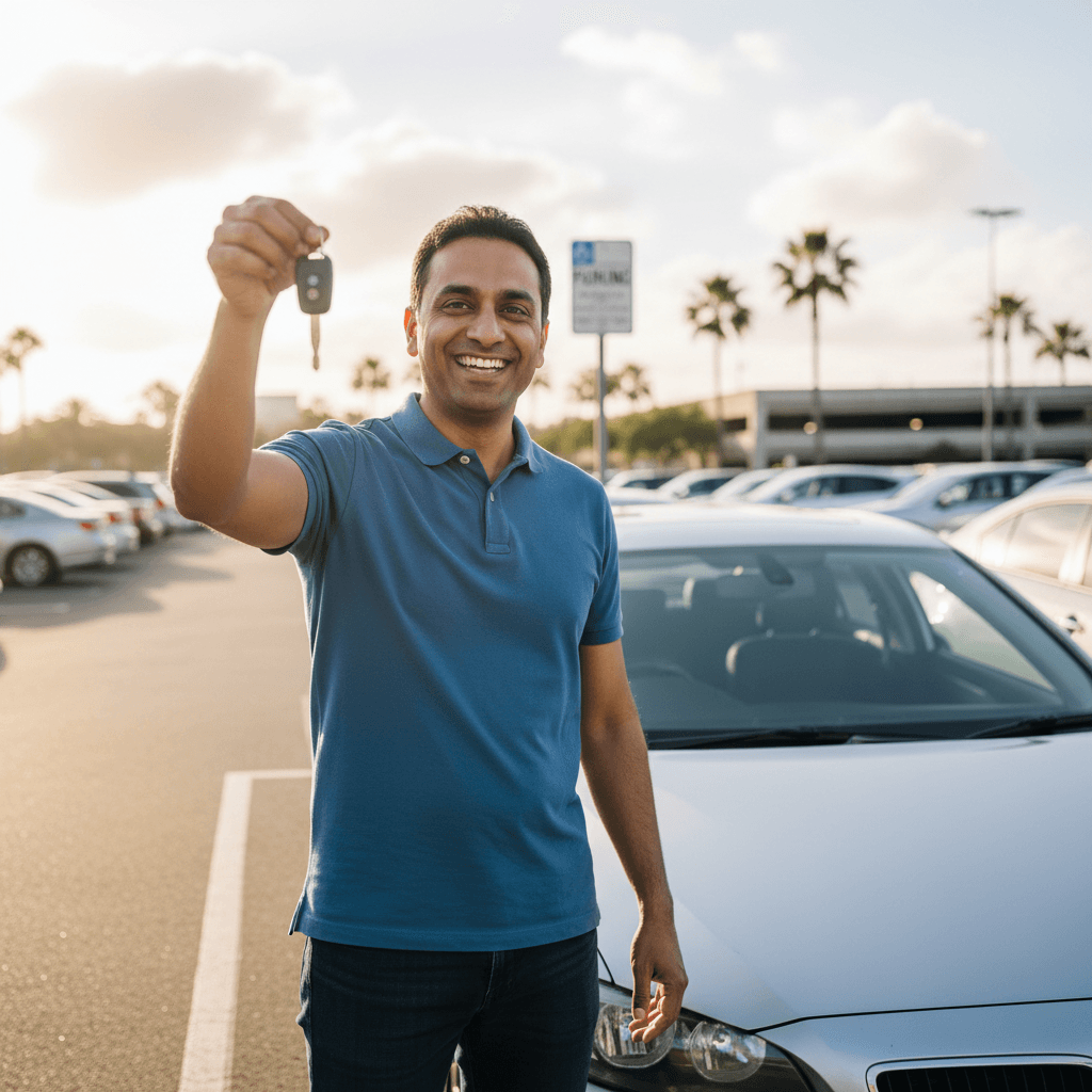 Smiling gig driver holding car keys in a parking lot