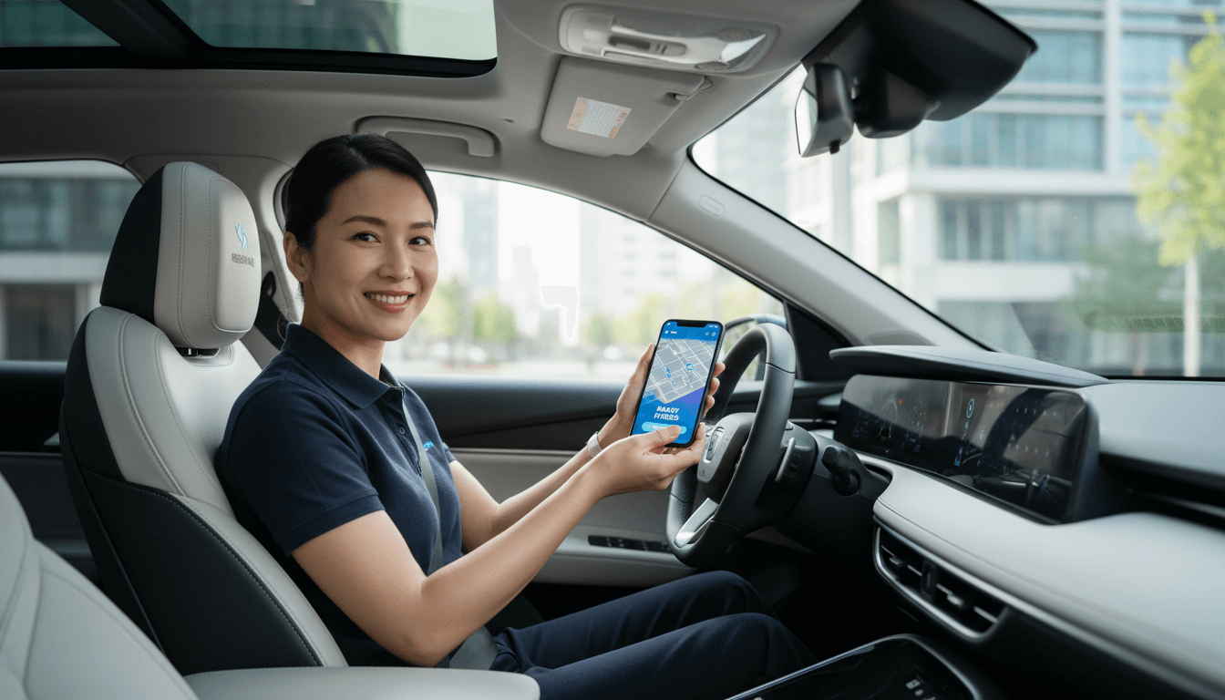 Happy rideshare driver holding smartphone in a modern car