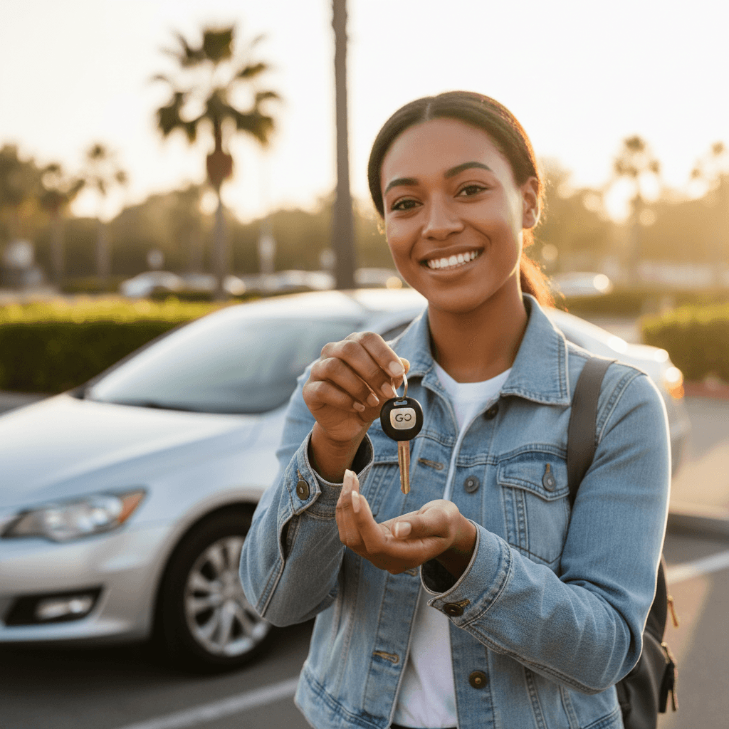 ShiftKey staff handing car keys to a driver at a rental lot in Houston