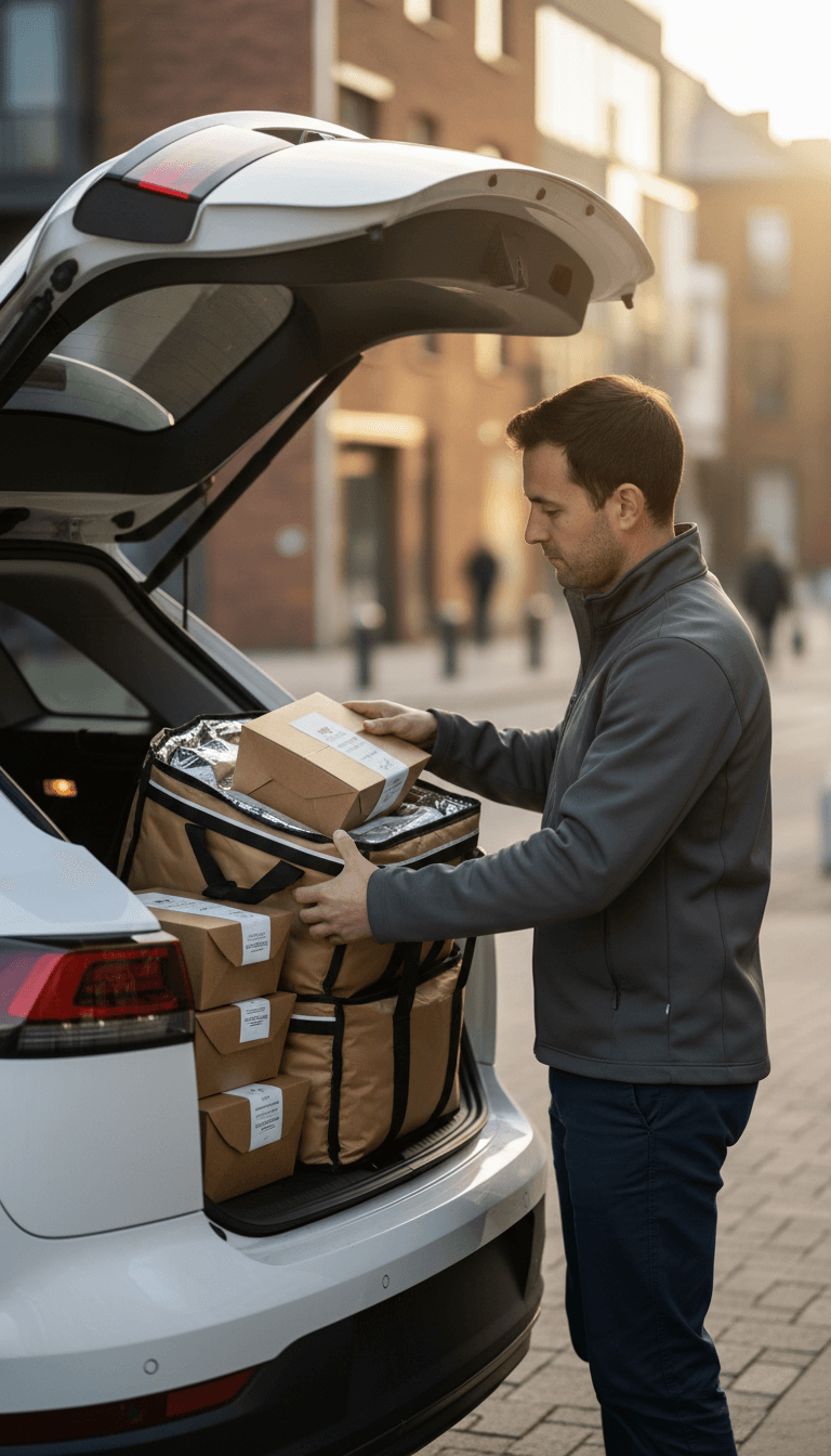 Driver loading delivery bags into trunk