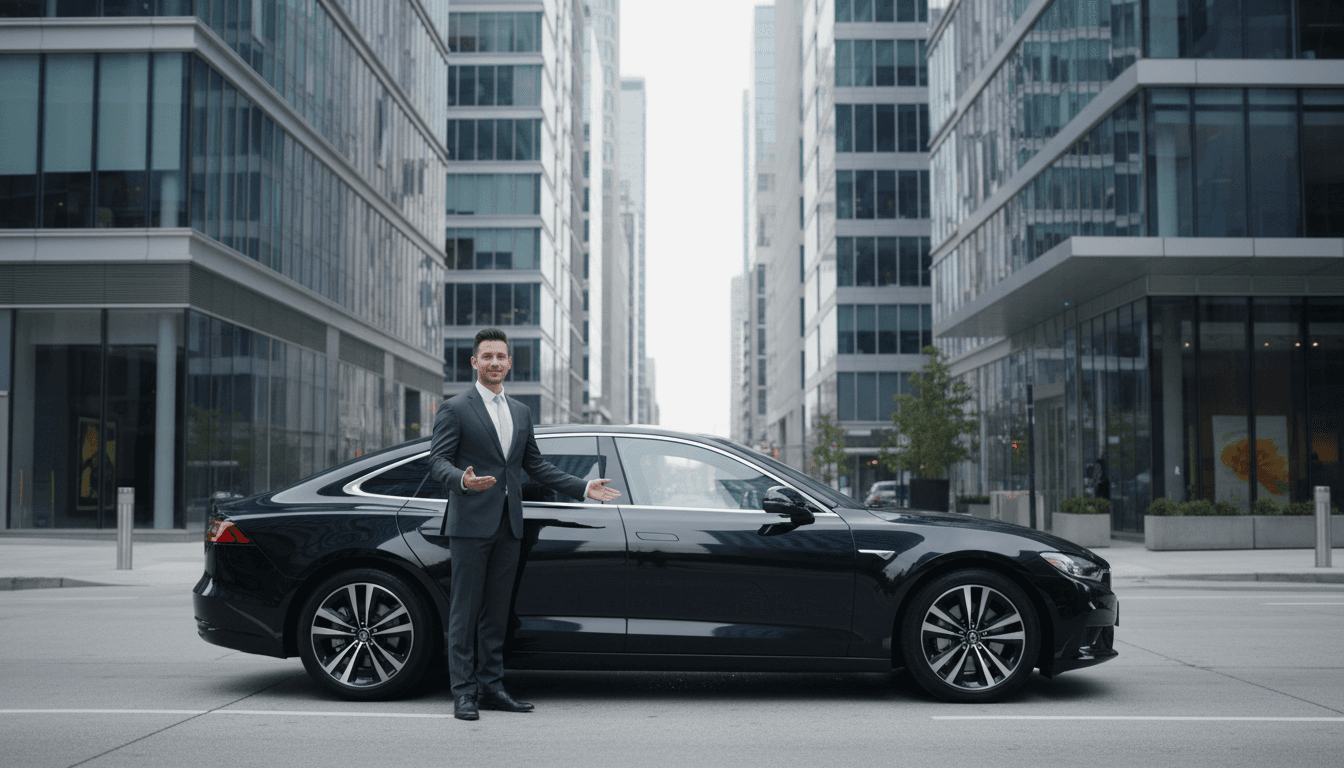 Gig driver standing next to a rental sedan on a Houston street