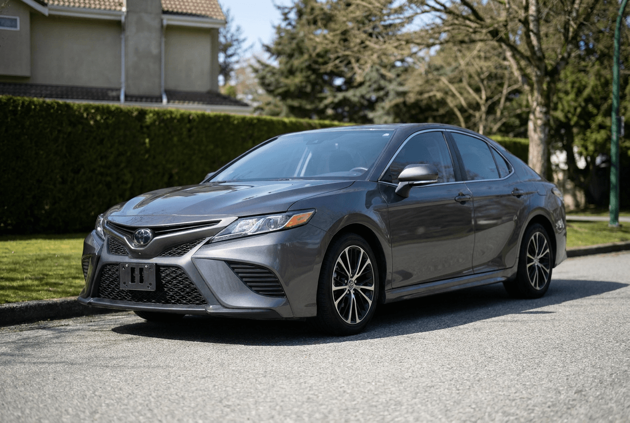 A clean, dark gray Toyota sedan is parked on the side of a paved residential road on a sunny day, with a house, hedge, and trees in the background.